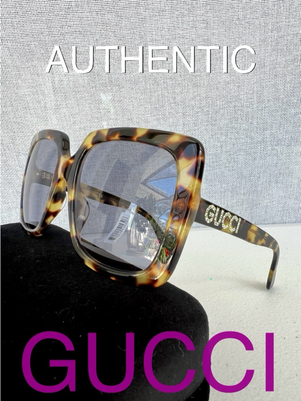 GUCCI Square Tortoise Swarovski crystals logo sunglasses Italy NWT